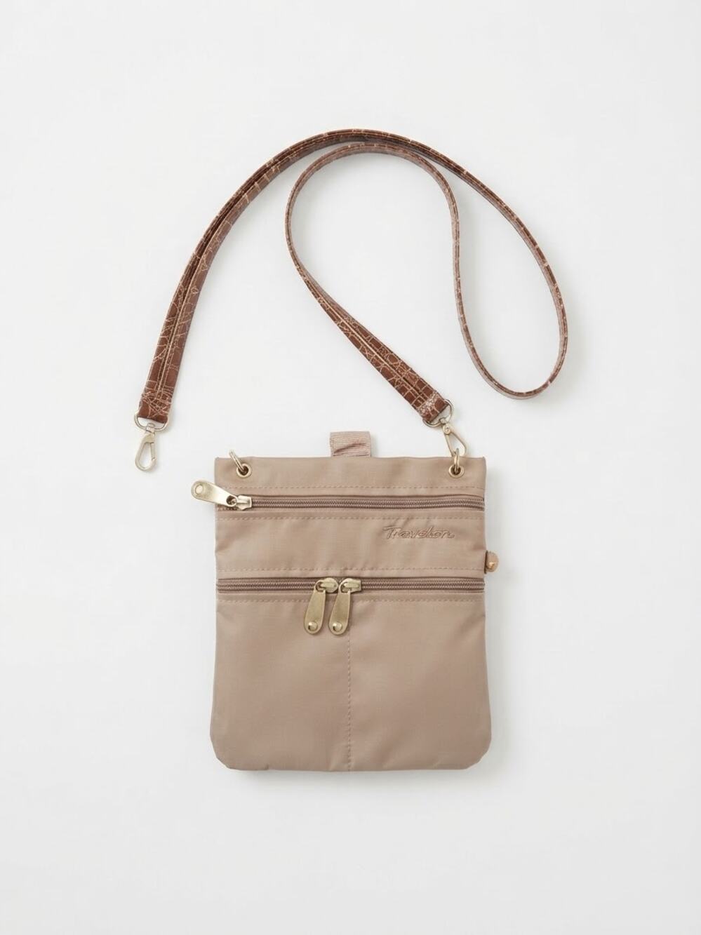 Samantha Brown Nylon Crossbody Bag Taupe Multi Pockets Froc Print Strap Small